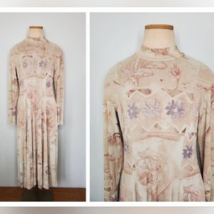 Vintage 90s Autumn Oatmeal Floral Print High Neck Long Sleeve Maxi Dress Small